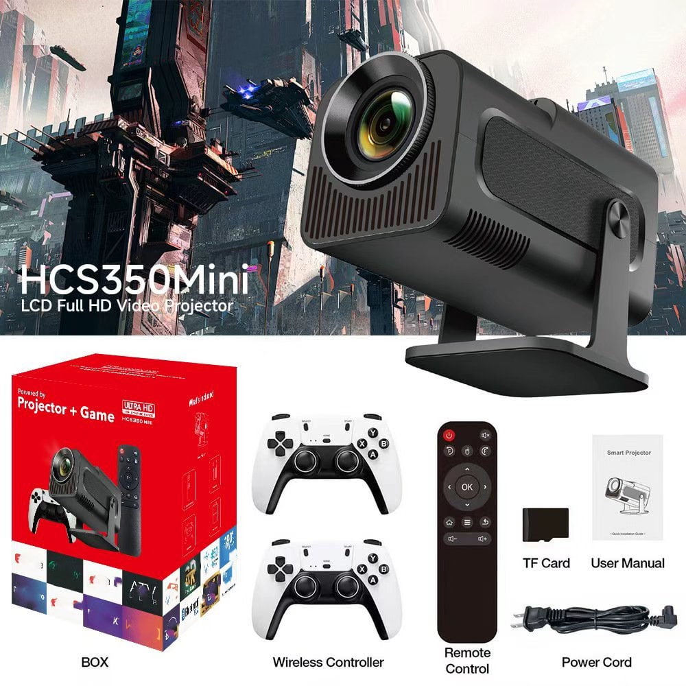 HCS350 Pro Android 11 Gaming Projector 64GB TF Card Wireless Gaming Controller Dual WIFI1920*1080P Home Theater Portable Projector (Hcs350pro Black)