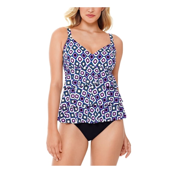 SWIM SOLUTIONS Women's Purple Printed Stretch Allover Slimming Tiered Adjustable V-Neck Moderate Coverage Fixed Cups Jewels One Piece Swimsuit 8