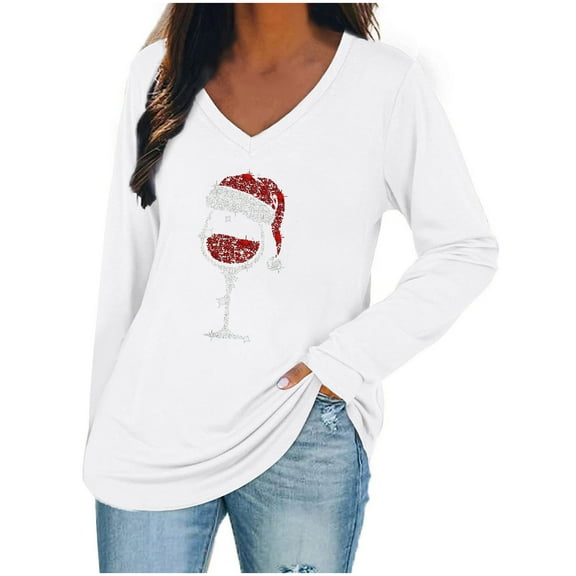 AOOCHASLIY Christmas Tops Fashion Woman V-Neck Long Sleeve T-Shirt Printing Loose Blouse Tops