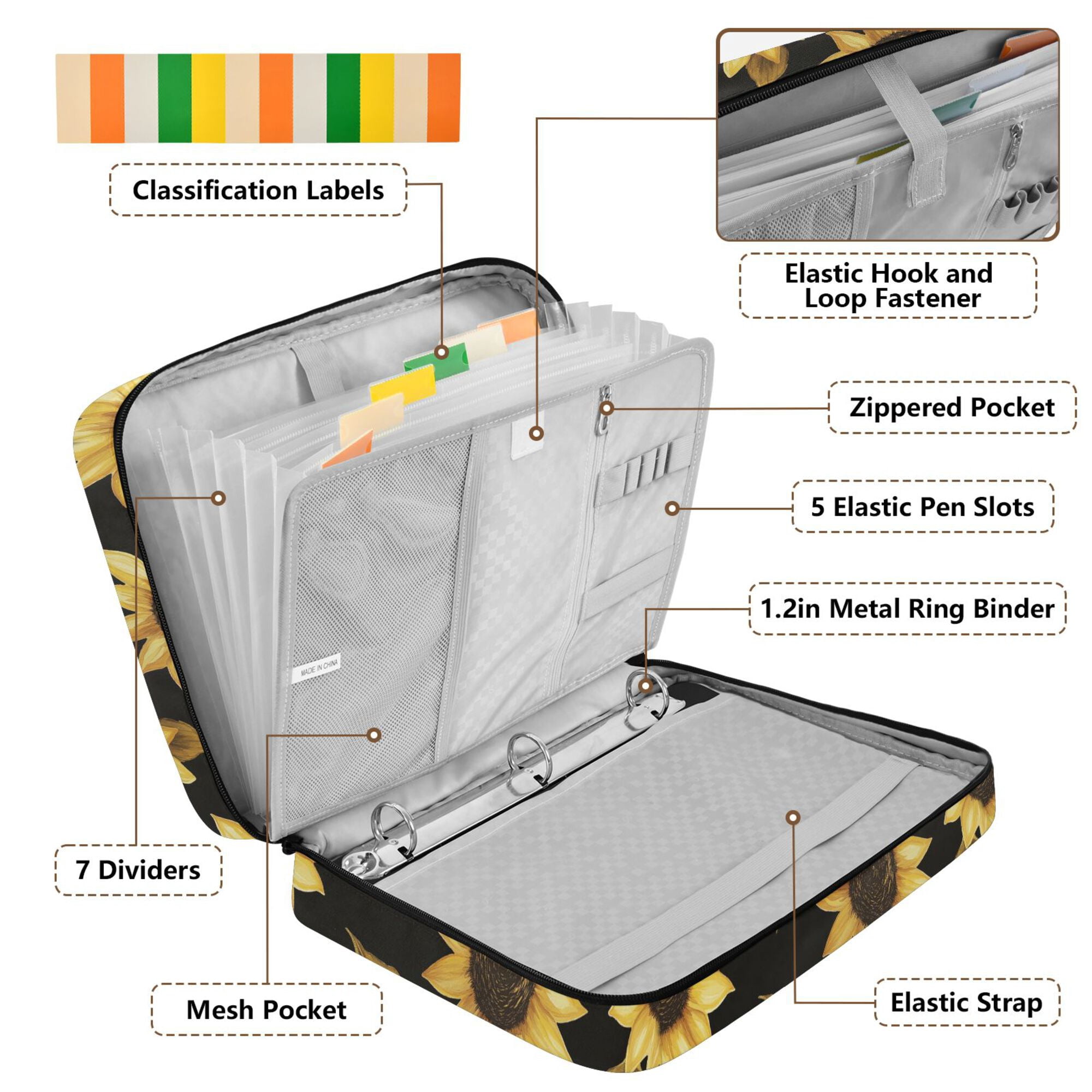 FORMRS Accordion File Folder A4 Size 7-Pocket Expanding Document Organizer Bag with 3 Ring Binder, Black Sunflower Pattern