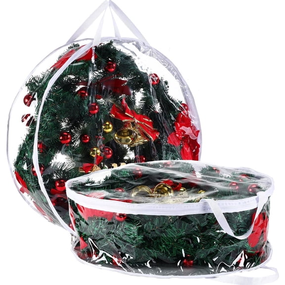 Christmas Wreath Storage Bag, 2 Pack Clear Christmas Wreath Storage Container, 24" Xmas Plastic Holiday Storage with Durable Zipper and Handles, White