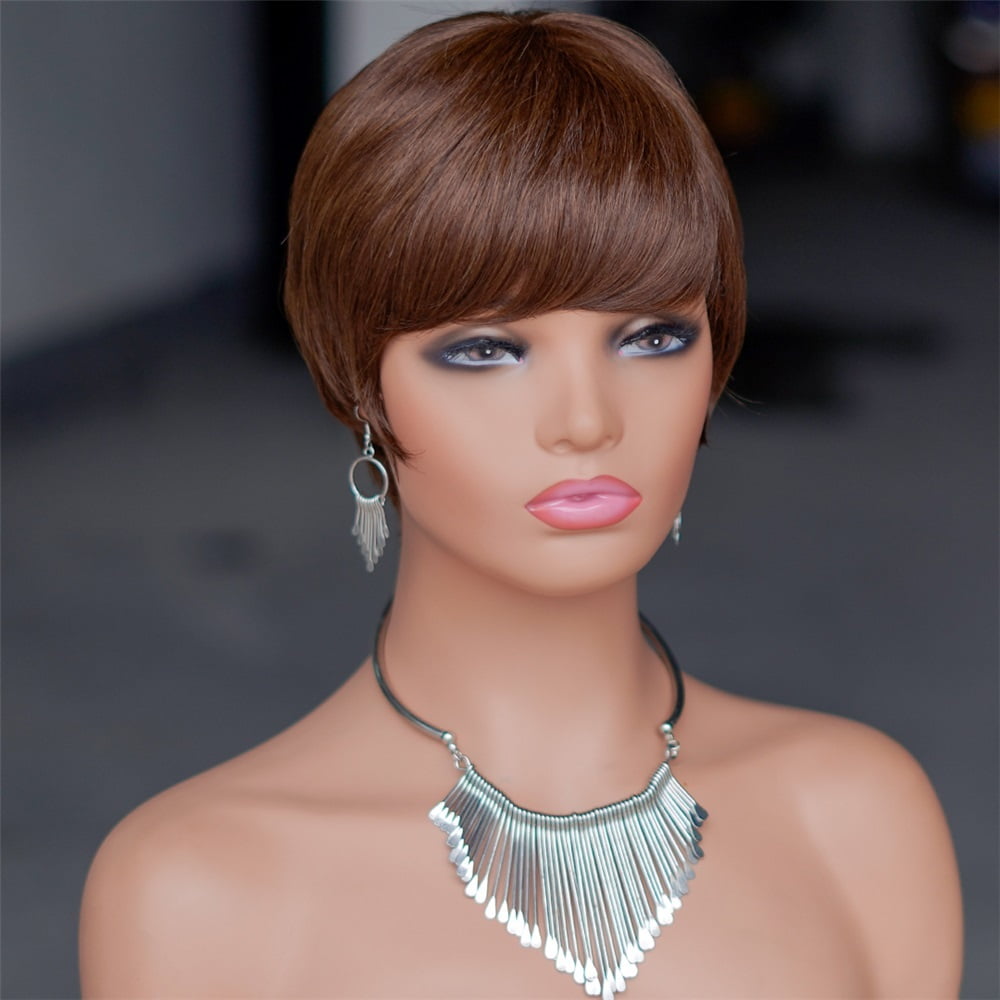 Short Brown Wig Chocolate Brown Human Hair Wigs Short Pixie Cut Wigs with Bangs