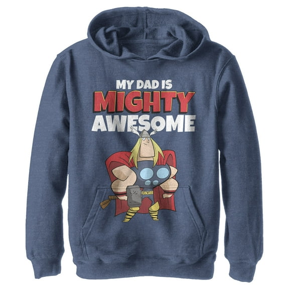 Boy's Marvel My Dad is Mighty Awesome Cartoon Thor  Pull Over Hoodie Navy Blue Heather Medium