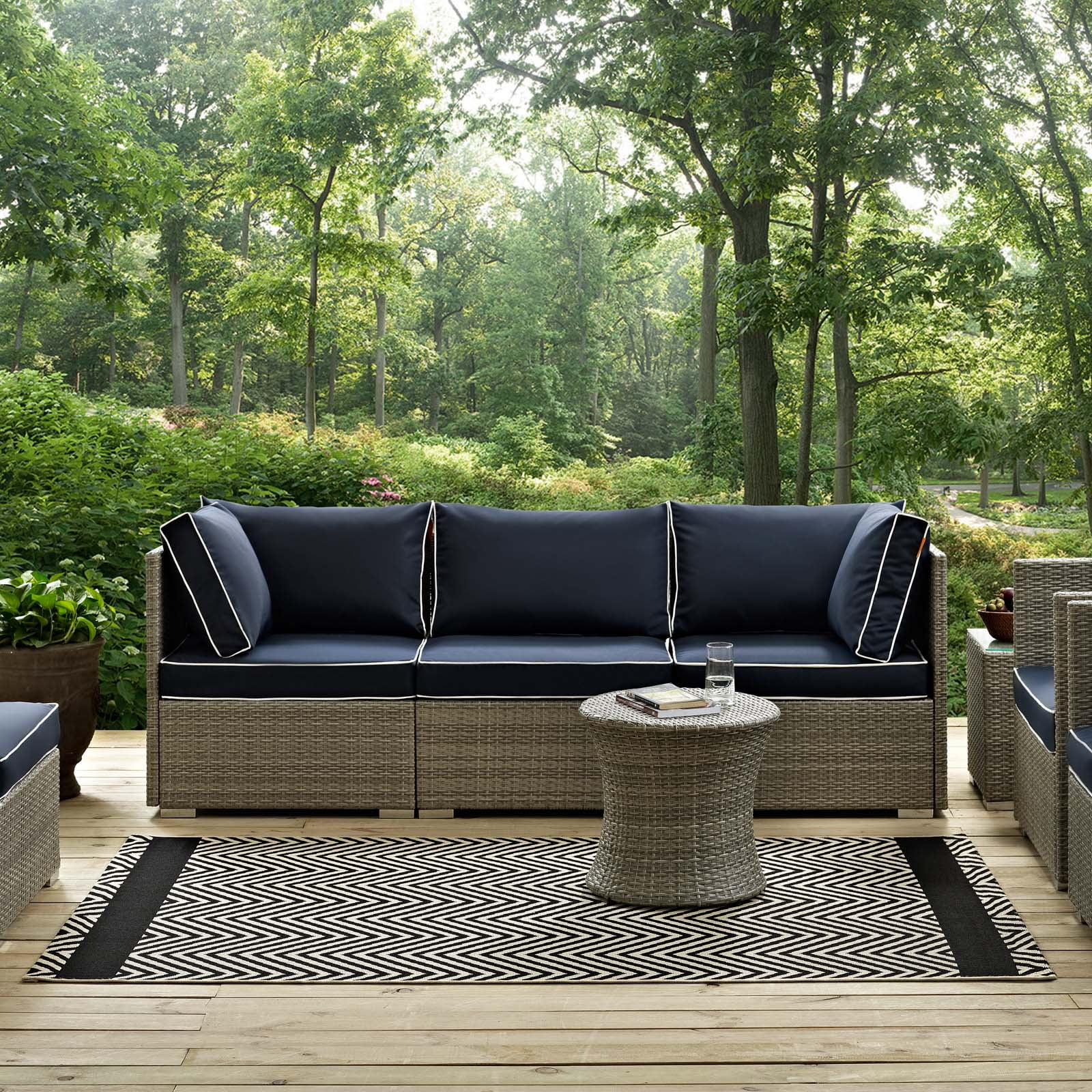 Modway Optica Chevron With End Borders 8x10 Indoor and Outdoor Area Rug in Black and Beige