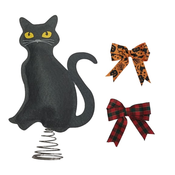 Black Cats Christmas Tree Topper with Stand & Interchangeable Bows – Dual Holiday Tree Decoration for Halloween & Xmas – Cat Lovers Home Decor Gift