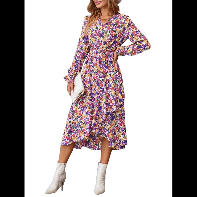 Vestido Bohemio de Verano para Mujer, con Estampado Floral, Larga, Cuello en V, Volantes, Corte A, Fluido, para Invitadas de Boda Rosa XXL