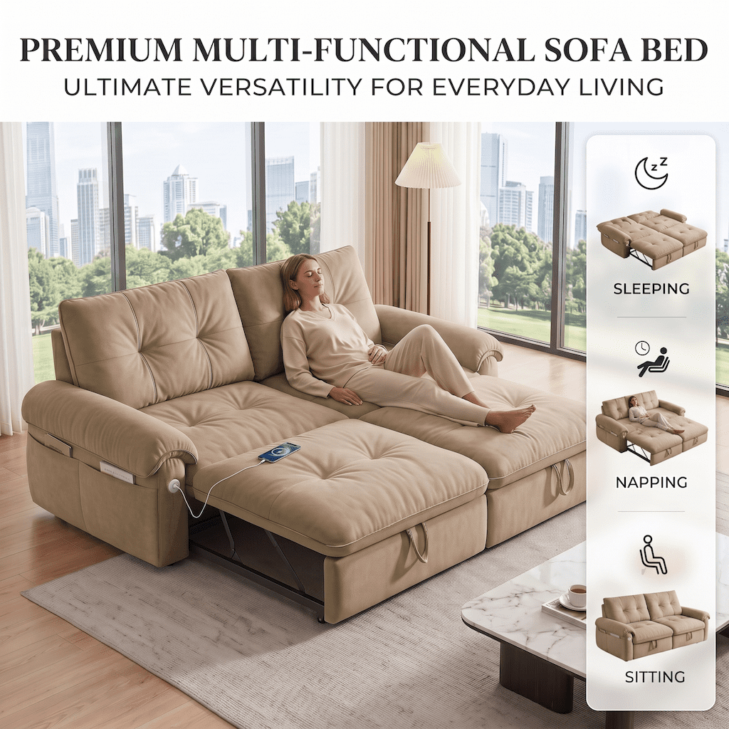 Xiweot Convertible Sleeper Sofa Bed, 77" Queen Size Pull Out Couch with Side Pocket, Adjustable Backrest & USB Ports, Comfy Velvet Loveseat for Living Room Apartment Small Space (Brown)