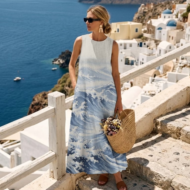beach casual summer dresses Xixirimido Blue Sea Waves Print Women Maxi Dresses Tank Long Flowy Sleeveless Sundresses with Pockets Vacation Outfits, 3X the perfect blend of