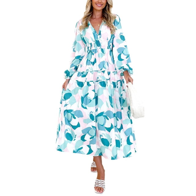 OUSITAID Femmes Boho Floral Midi Robe Puff Sleeve V Cou Smocked Robes Longues Flowy Couches Robes d'Été