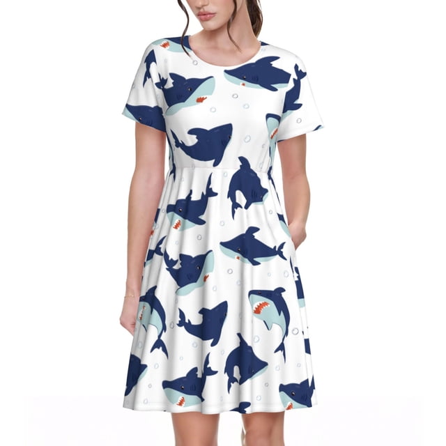 Balery Cute Shark Vestidos sueltos de manga corta para mujer, vestidos de verano 2025, vestidos casuales de corte A con vuelo.