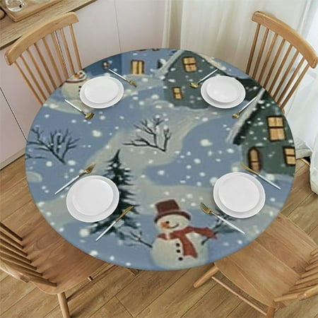 

Tllo0ord Christmas Round Fitted Tablecloth Elastic Edge Round Tables cartoon snowman house Pattern Can Wipe Indoor/Outdoor Dining Table coverr festival holiday celebrate party multicolor 54 -58