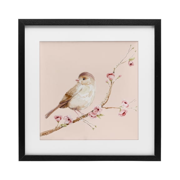 Sweet Brown Bird Perched Black Framed Print Under Glass, design by Lisa Wehmeyer