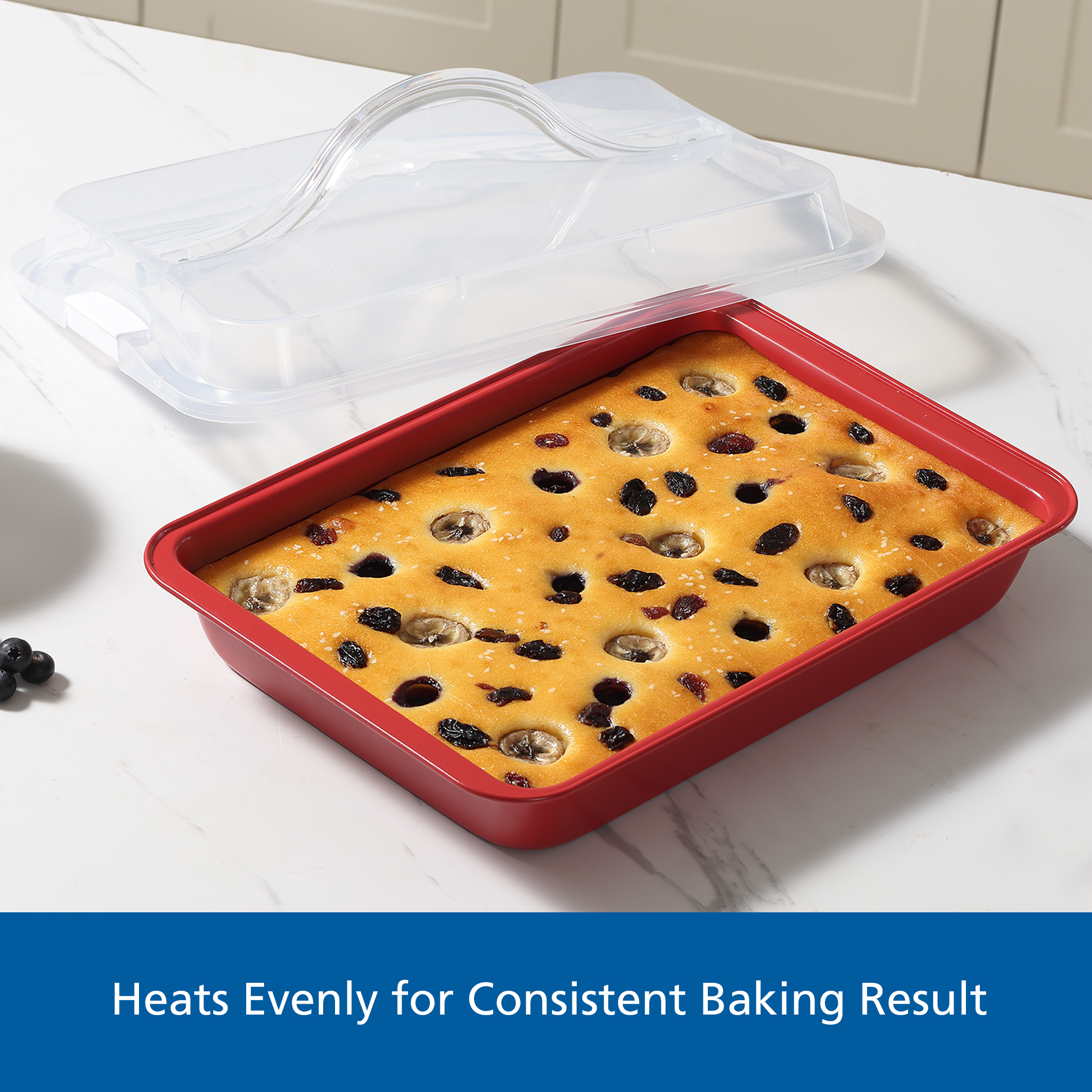 Holiday Time Bakeware Rectangular Cake Pan with Plastic Lid, Red, Handle, Non-Stick, Carbon Steel