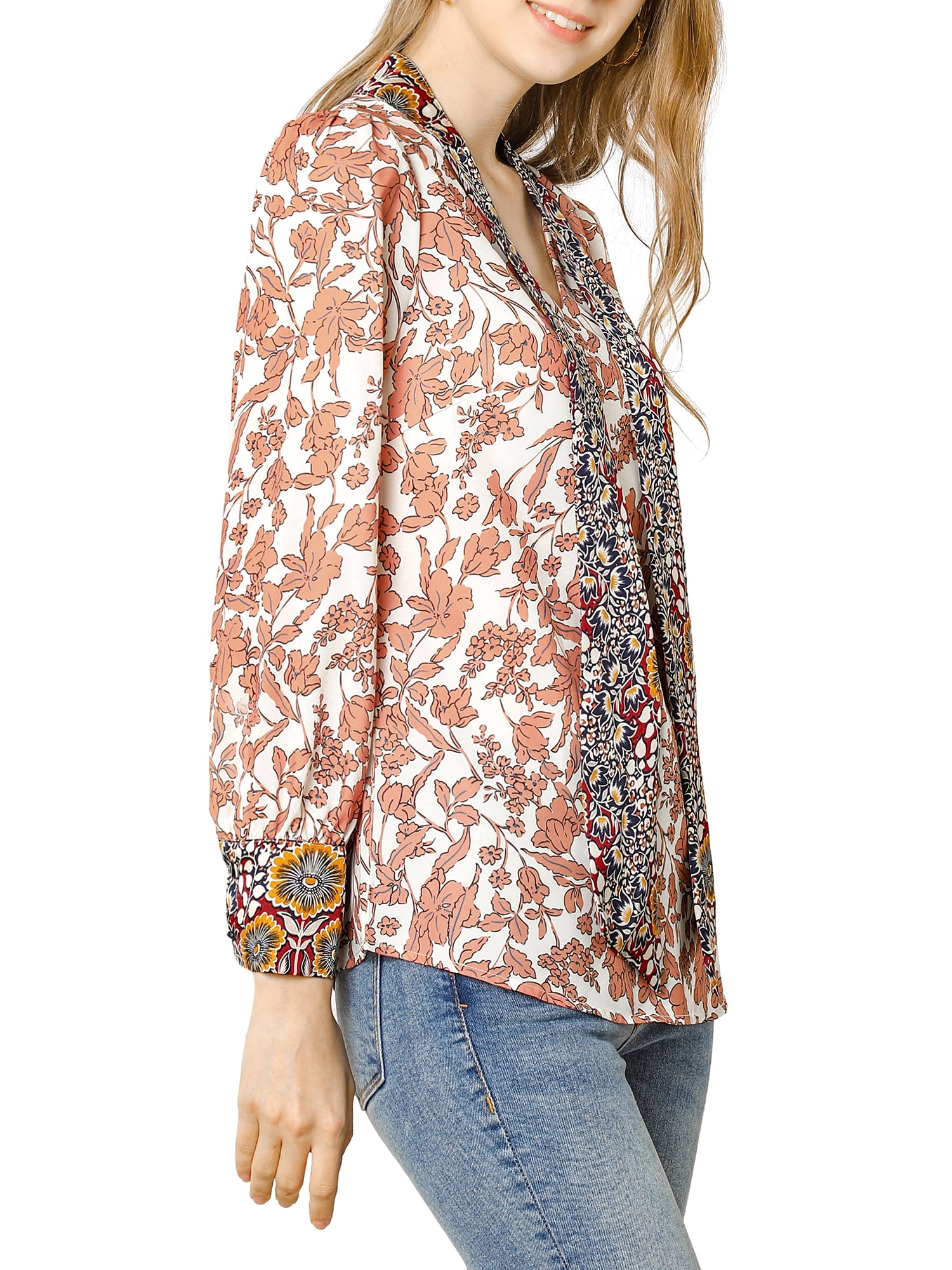 Unique Bargains Women's Boho Floral Printed Shirt V Neck Pussy Bow Blouse
