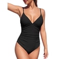 thumbnail image 2 of MOYIKO One Piece Swimsuits for Women Tummy Control Bathing Suit Ruched Sexy V Neck Black Slimming Swimwear, 2 of 7