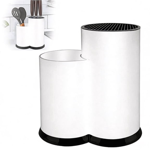 Knife Holder Kitchen 2-in-1 Universal Block without Knives Silverware Storage Stand with Drain Hole,for Countertop and Cabinet Drawer,White