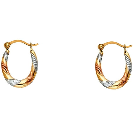 - Oval Hoop Earrings Solid 14k Yellow White Rose Gold Diamond Cut Hollow Fancy Tri Color 15 x 12 mm