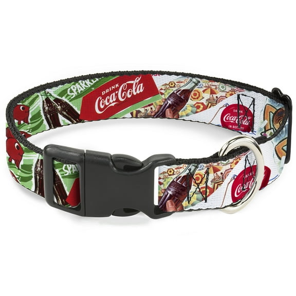 The Coca-Cola Company Pet Collar, Dog Collar Plastic Buckle, Vintage Coca Cola Go Refreshed Ads and Icons Collage, 7 to 8.5 Inches 0.5 Inch Wide