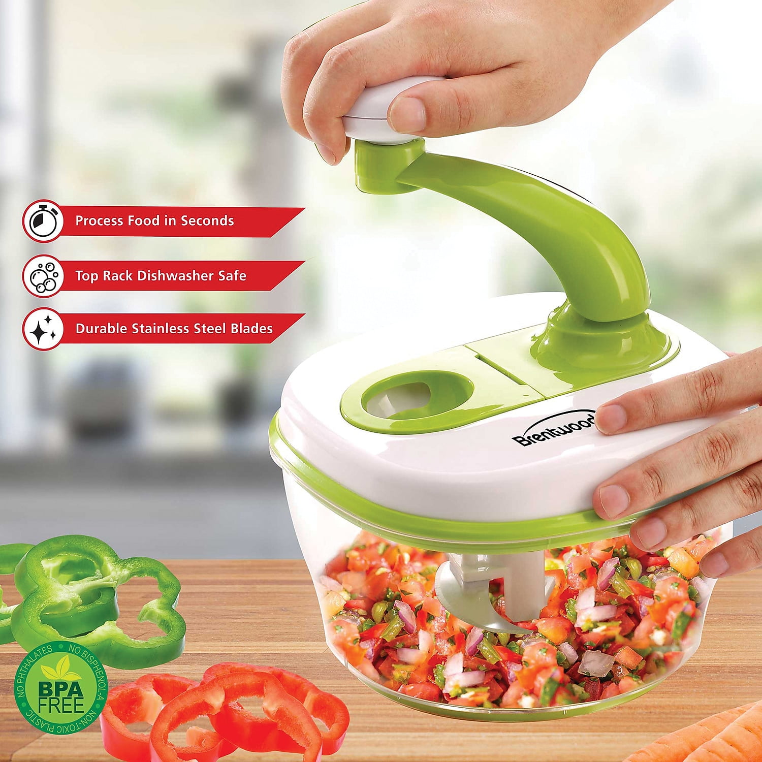 Brentwood 8 Cup Hand Crank Food Processor with Stainless Steel Blades and Paddle Mixer in Green
