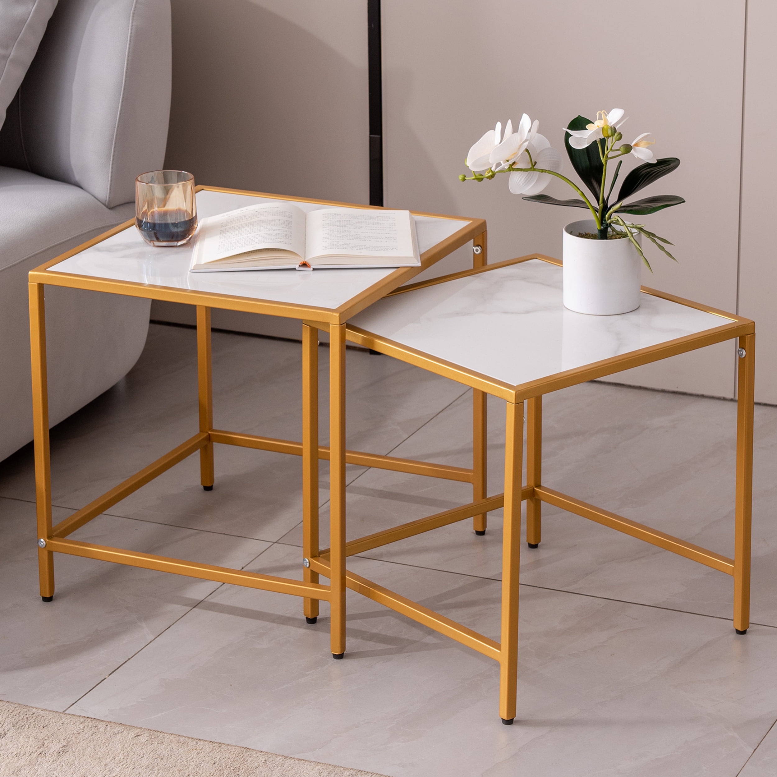 NAUTOUS Nesting End Tables Stone Top with Gold Metal Frame Side