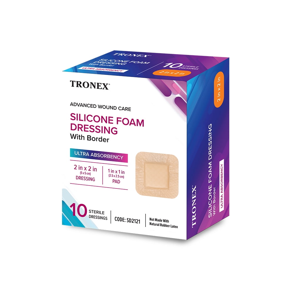 TRONEX SD2121 Silicone Foam Dressing 2”x2”, Adhesive Border, Waterproof, Sterile, Ultra Absorbency, Breathable, Advanced Wound Care, Gentle Removal, Latex Free, Beige, Pack of 100