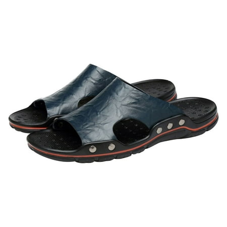 DTBPRQ Leather Slippers  Open Toes Indoor Slippers Leather Flat Slide Sandals Casual House Shoes Bedroom Slippers Office Slippers for Mens