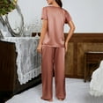 thumbnail image 7 of Annhoo Pj Sets for Women 2 Piece Satin Pajama Outfits Crewneck Short Sleeve Tops and Pants Comfy Solid Homewear, 7 of 7
