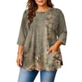 thumbnail image 2 of Sewkxo Womens Plus Size Tops Casual 3/4 Length Shirt Crew Neck Print Blouses Spring Summer Cotton Clothes,Brown L, 2 of 6