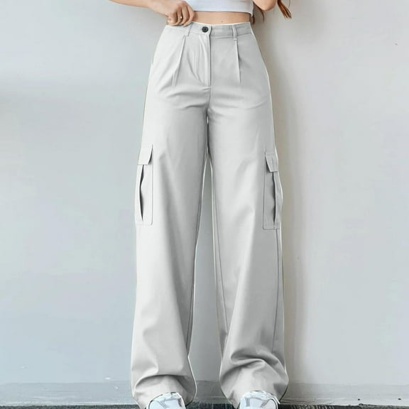 lulshou Women Fashion Solid Color Casual Mid Waist Cargo Pants Trousers with Pocket Waist Cargo Pants Casual Plus Size Work Pants