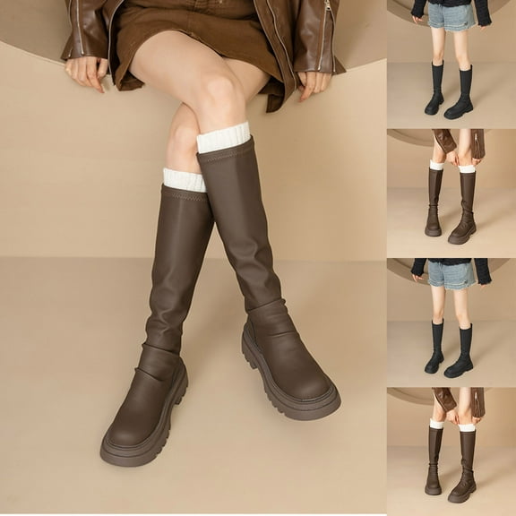Women's High-Top Boots, Round Toe, Thick-Soled, Casual Stylish Footwear for Fall and Winter, Comfortable Elastic Long Boots