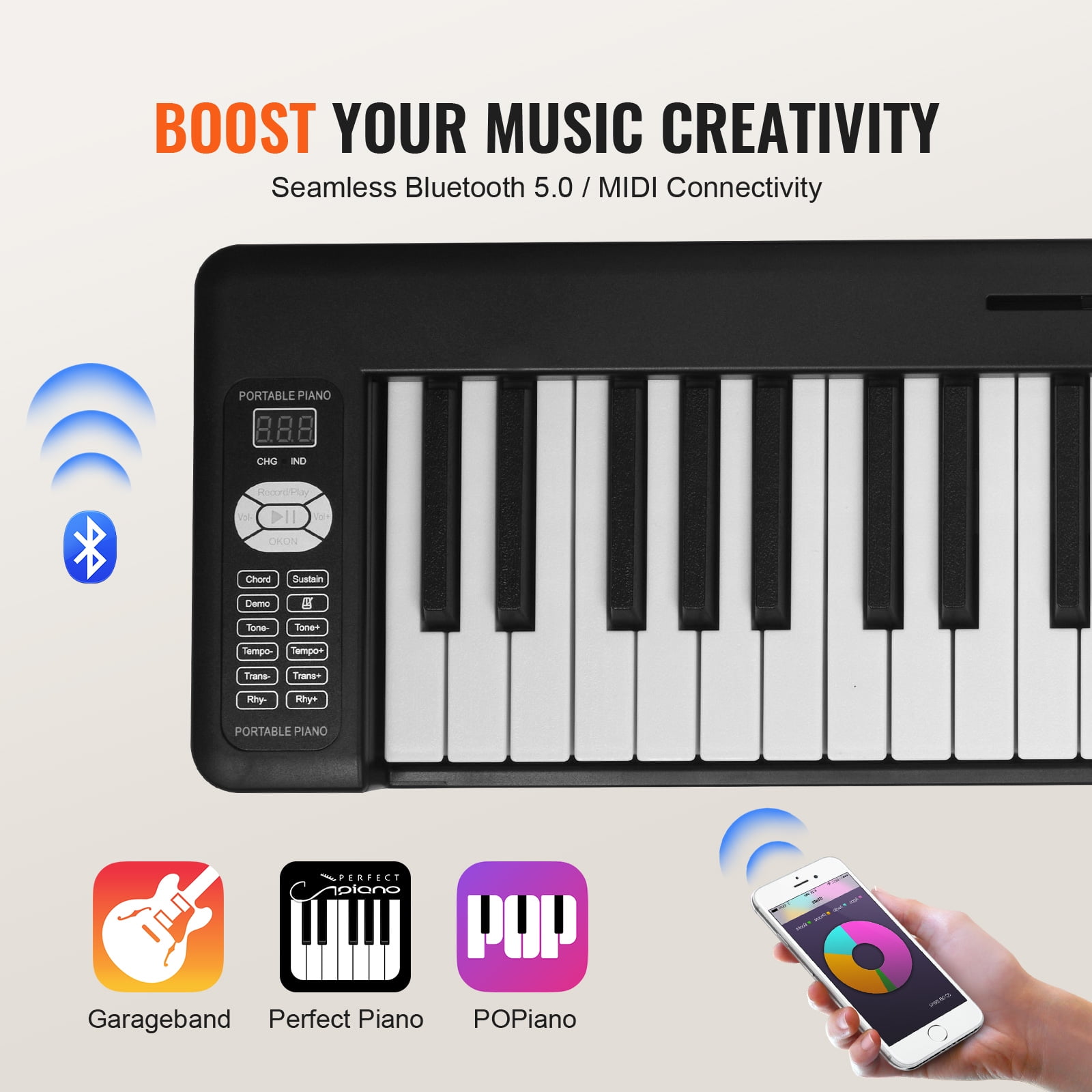 KFFKFF 61-Key  Foldable Keyboard Piano for Beginners, Features Bluetooth & MIDI Compatibility, Compact Electronic Digital Piano with Sustain Pedal, Touch-Sensitive Illuminated Keys