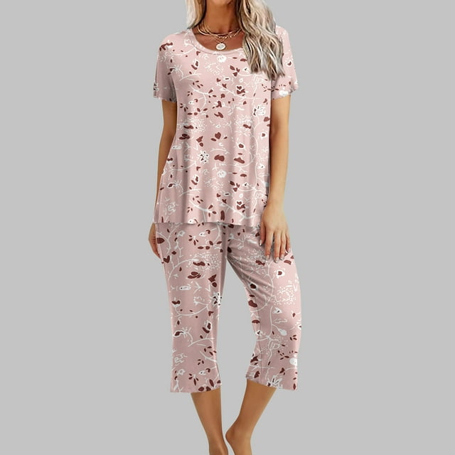 Fankiway Ensemble de Pyjama pour Femmes à Imprimé, Col Rond, Manches Courtes, Chemise de Nuit et Pantalon, Tenue d'Intérieur avec Poches, Ensemble pour Femmes, Tenues d'Été, Tenues d'Été pour Femmes, 3223 Pcs