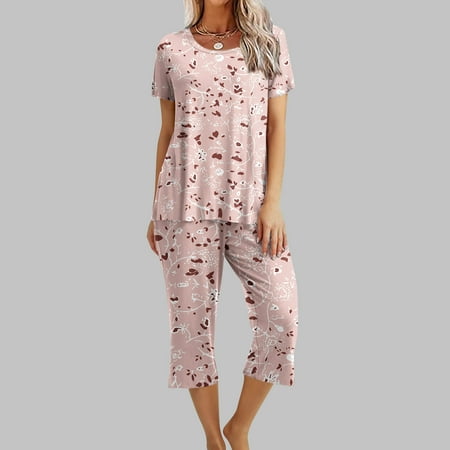 

Tawop Pajama Pants Summer Pants Pink Pants Women S Printing Round Neck Short Sleeve Sleepshirt and Pants Sets Loungewear Pajamas with Pockets Pink 8