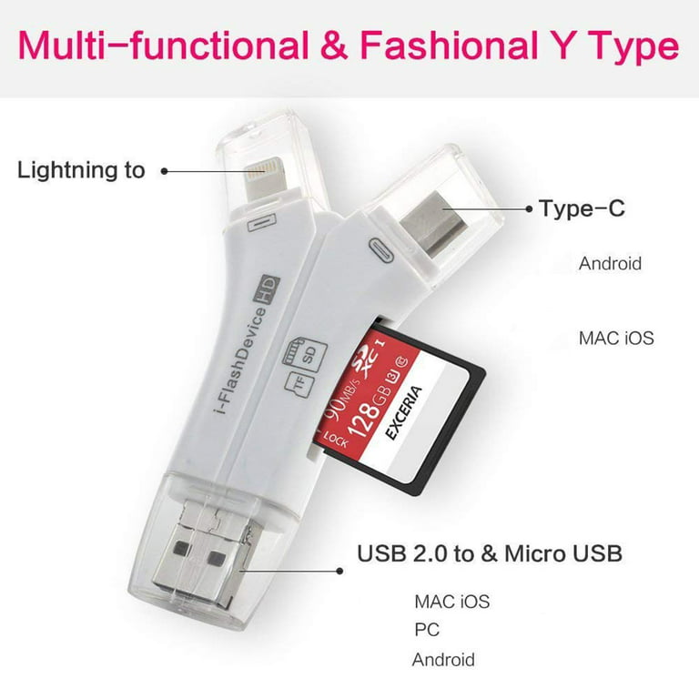 4 In 1 SD Card Reader IOS/Micro USB/USB Type-c/USB for IOS & Android  Smartphone Tablet, SD & Micro SD, PC
