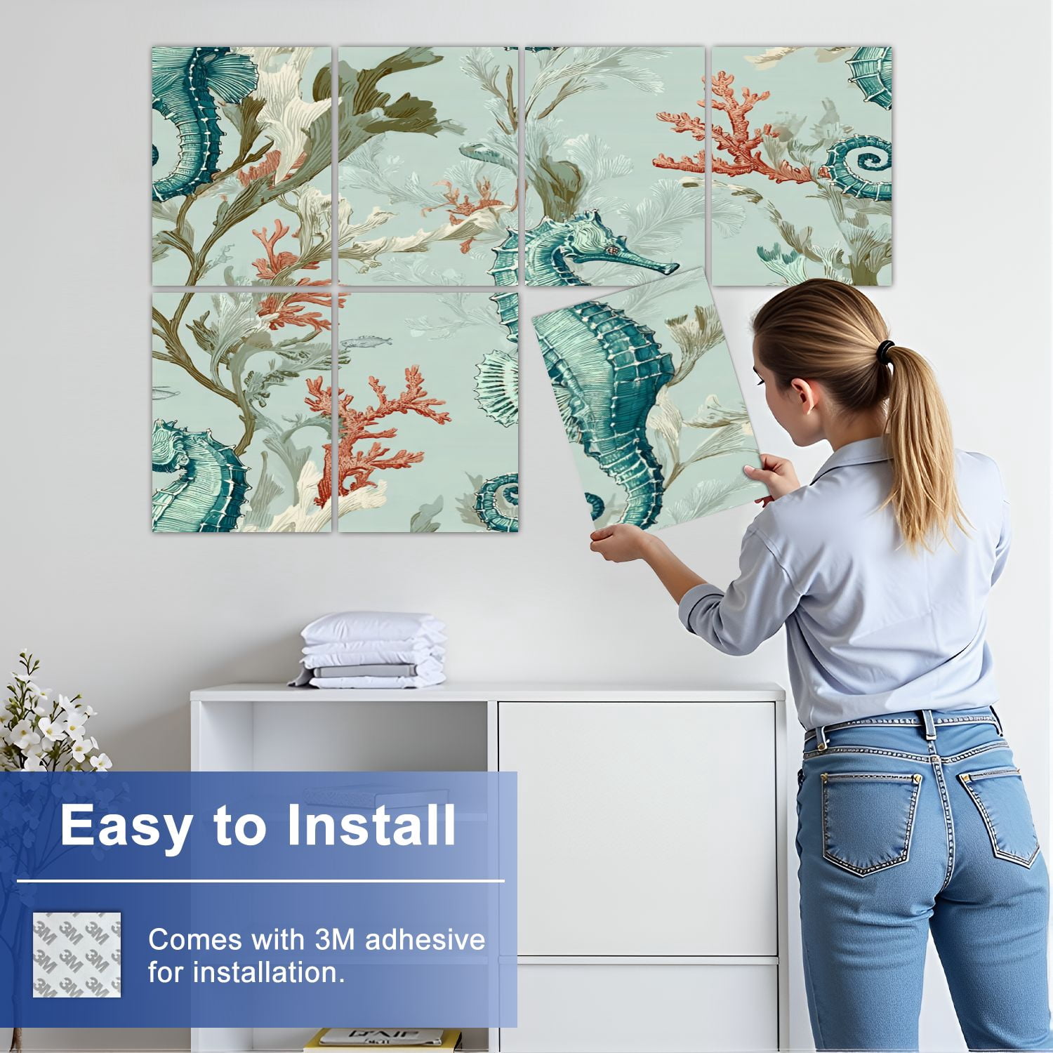 8 Pack Art Acoustic Panels Sound Absorbing Vintage Seahorse Coral Muted Decorative Soundproof Wall Panels Self Adhesive for Nursery Game Room Bedroom 48"x32"
