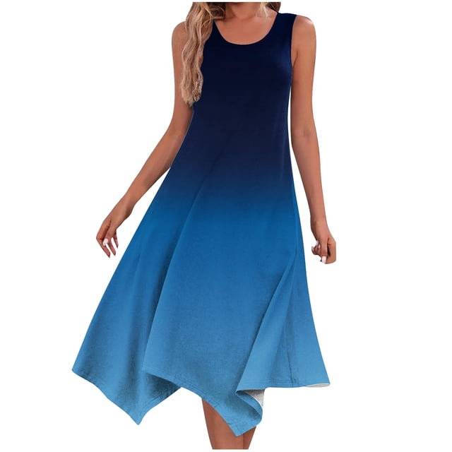 KIHOUT Robes d'Été pour Femmes 2024, Robe d'Été Décontractée pour Dames Sans Manches, Ourlet en Pointe, Robe Maxi Débardeur, Robe de Plage avec Poches Bleu G
