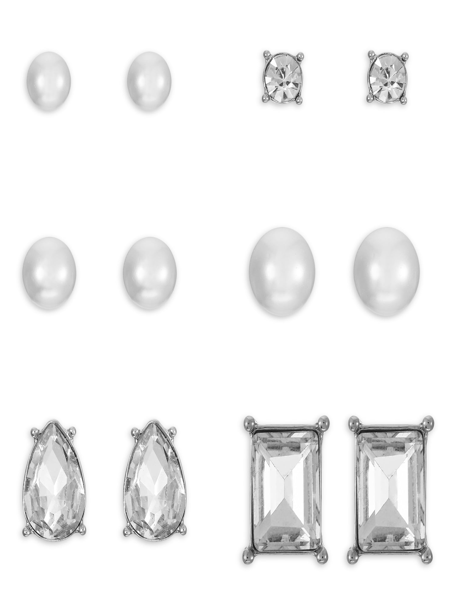 Women's Stud Earring Collection, with Crystal and Faux Pearl, 6 Pairs
