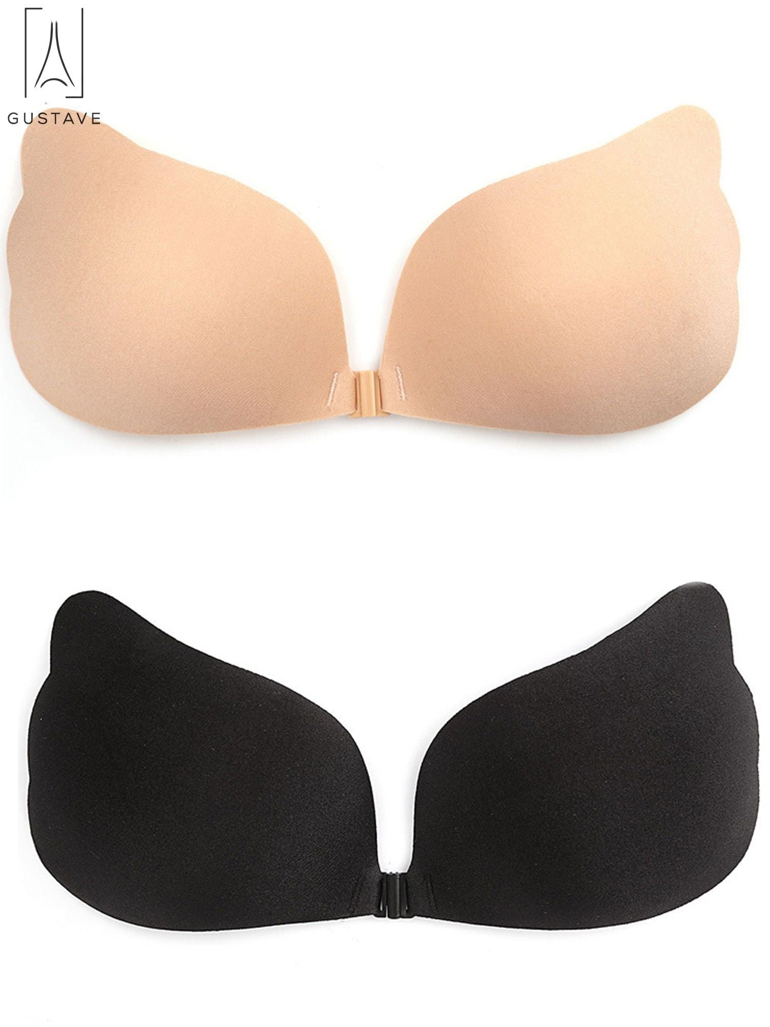 GustaveDesign 2 Packs Women's Sexy Strapless Invisible Bra Reusable  Self-Adhesive Push Up Bra Backless Sticky Silicone Bra Black & Skin, B Cup