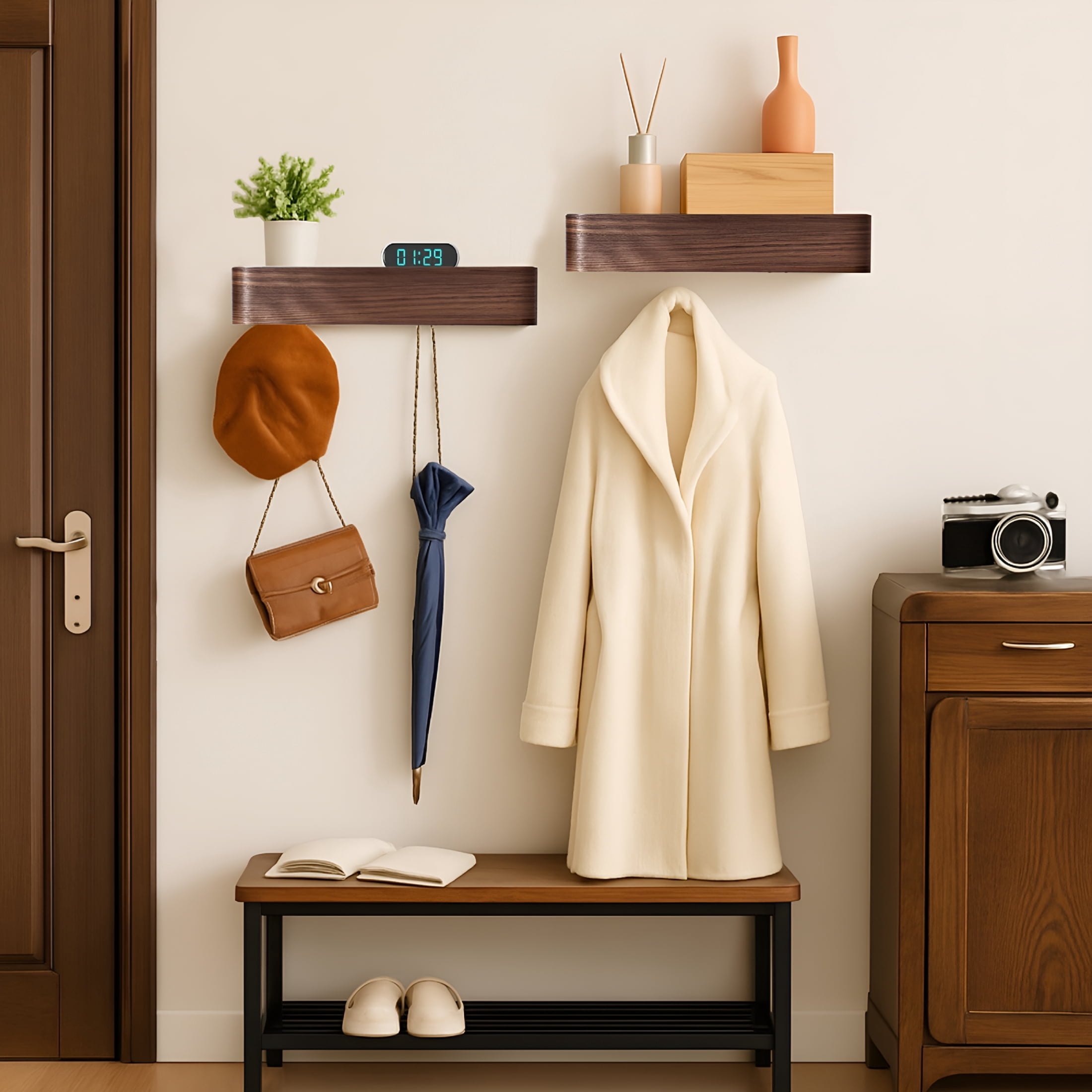 XIBUFE Wall-Mounted Coat Rack – Floating Wood Shelf with Hidden Hooks – Modern Entryway Organizer for Hallway or Closet (Walnut)