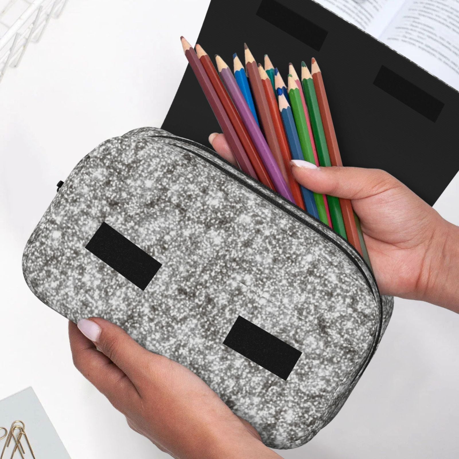 Rateoe Silver Glitter Pattern Double Clamshell Pen Case, Storage Organizer with Two Zipper Compartments– Holds Up to 50 Pencils & Pens
