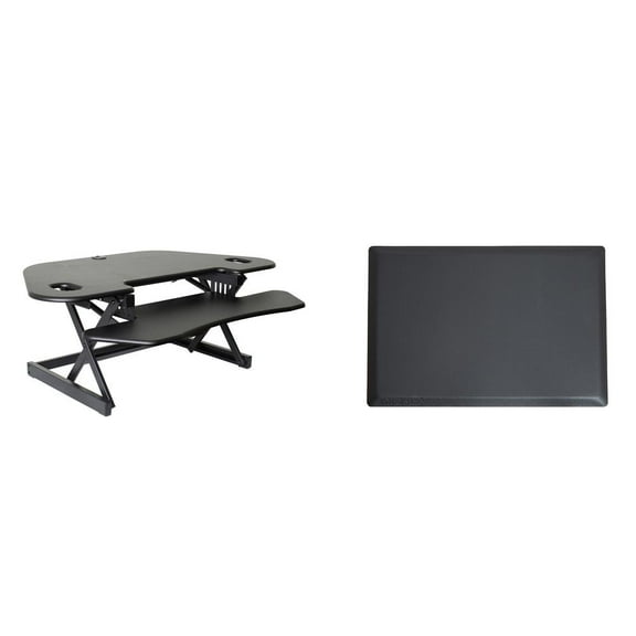 Rocelco 46" Large Height Adj Corner Standing Desk Converter w Floor Mat - Black