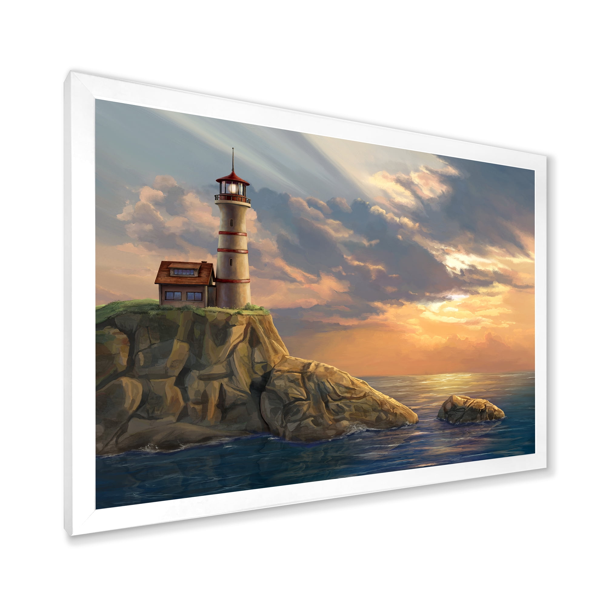 Designart 'Lighthouse On A Rocky Coastal Cliff At Evening Light' Nautical & Coastal Framed Art Print