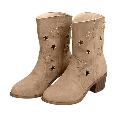 

KIJBLAE Women s Star Cutout Ankle Boots Low Heel Suede Booties Fall Winter Shoes Block Heel Short Boots Beige 7