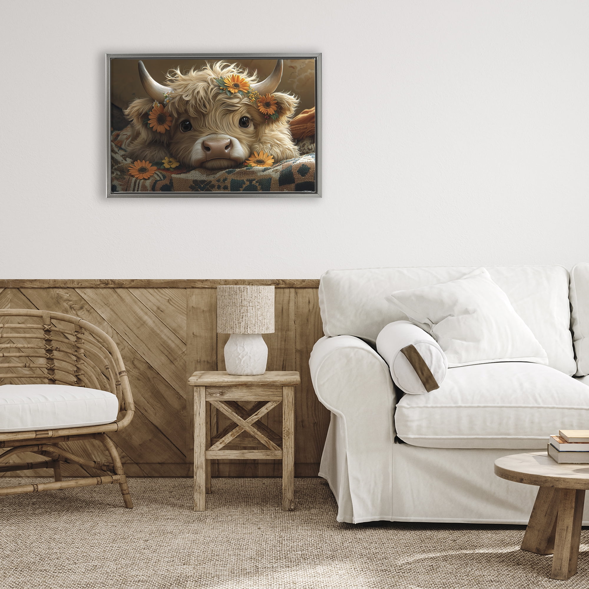 Adorable Flower Bedecked Cattle Gray Framed Floater Canvas Wall Art, design by Momart