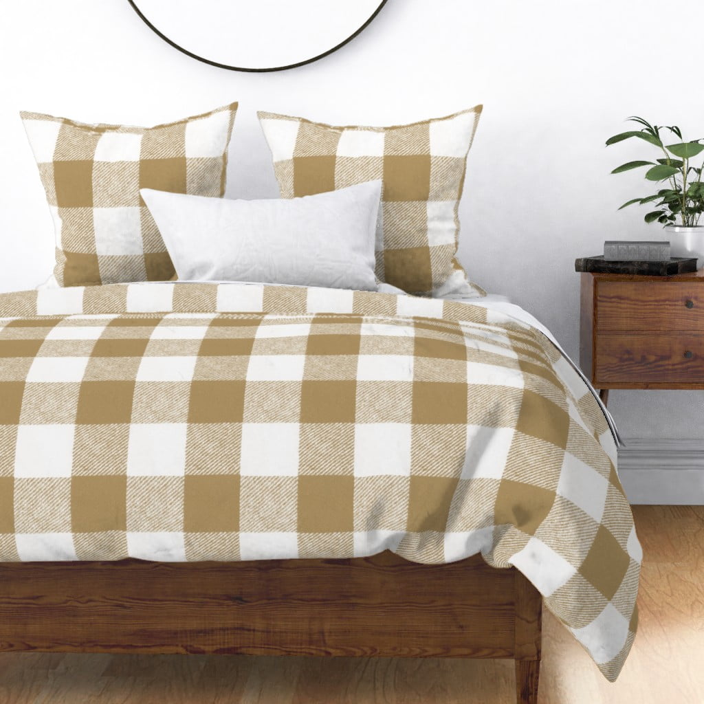 Light Brown Buffalo Check Beige Checked Wool Sateen Duvet Cover by