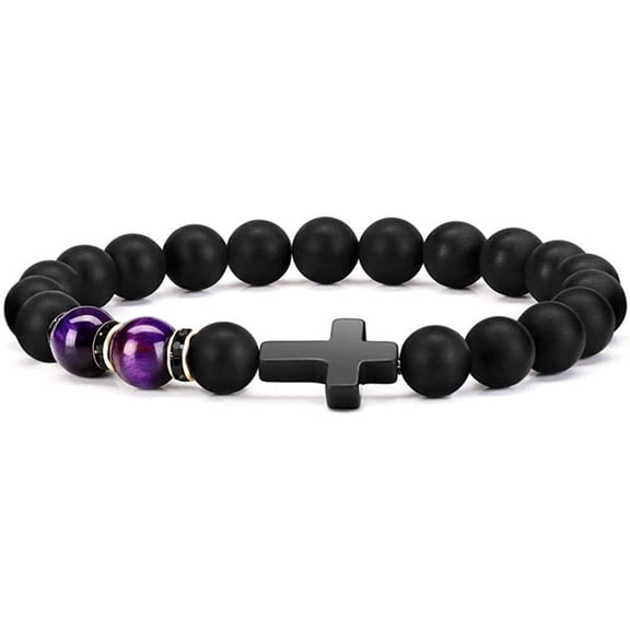 Lava Rock Stone Beaded Bracelet Cross Christian in Purple
