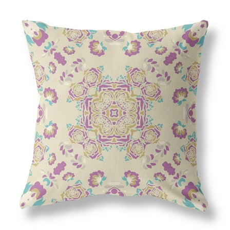 16" X 16" Off White And Purple Broadcloth Floral Throw Pillow