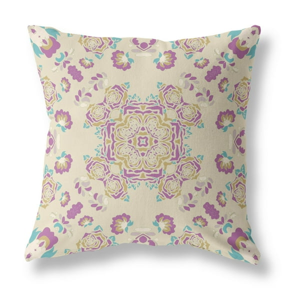 16" X 16" Off White And Purple Broadcloth Floral Throw Pillow