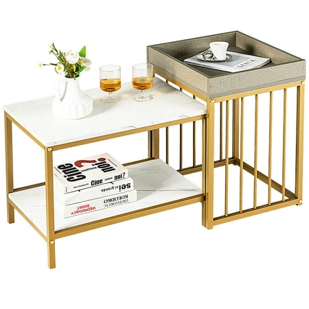 Costway 2PCS 2-Tier Nesting Coffee Sofa Side End Tables Narrow for