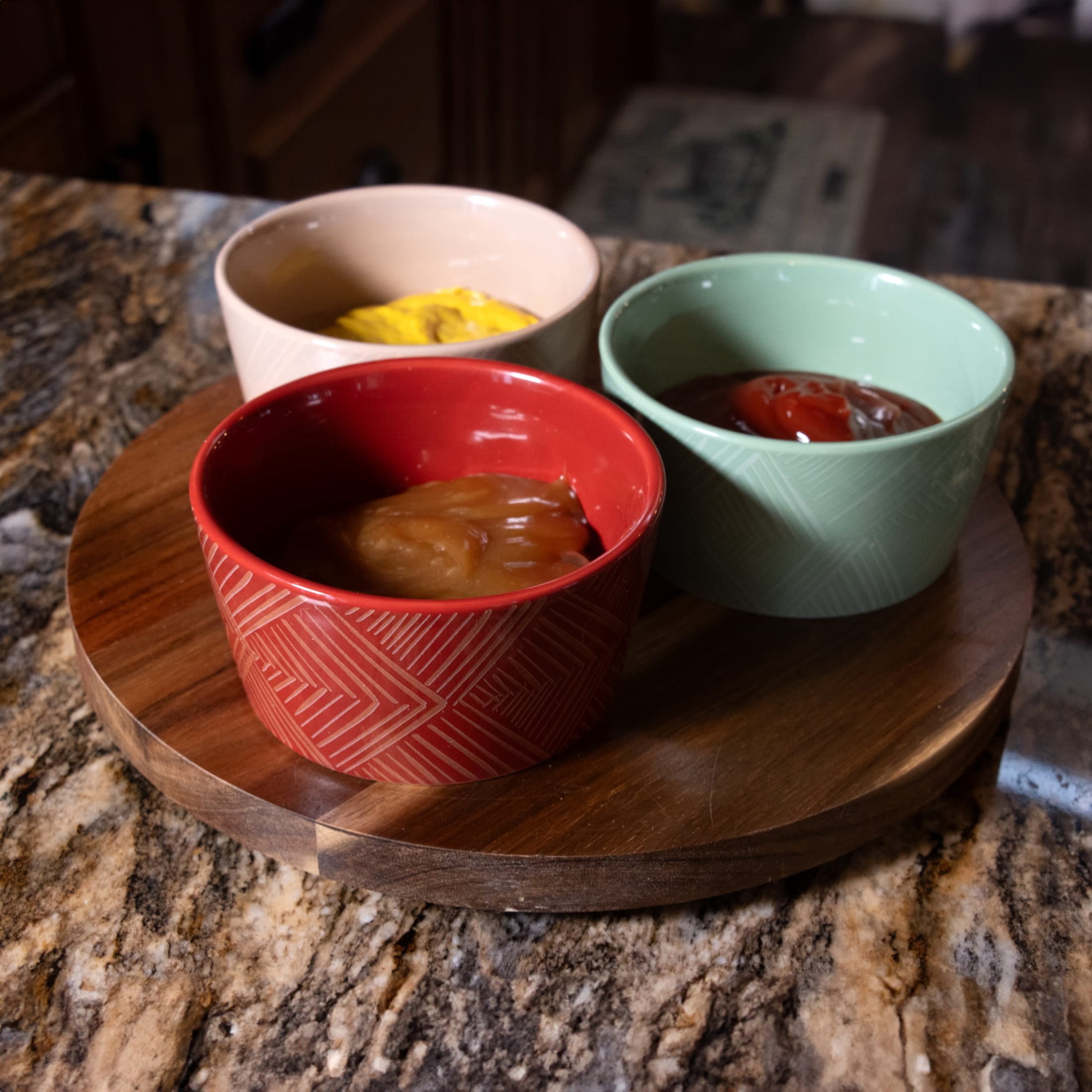 Thirstystone 12-Inch Acacia Wood Lazy Susan Turntable with 3 Ceramic Serving Bowls, Stylish Rotating Server for Condiments, Snacks, and Dips, Perfect for Holiday Dining and Entertaining